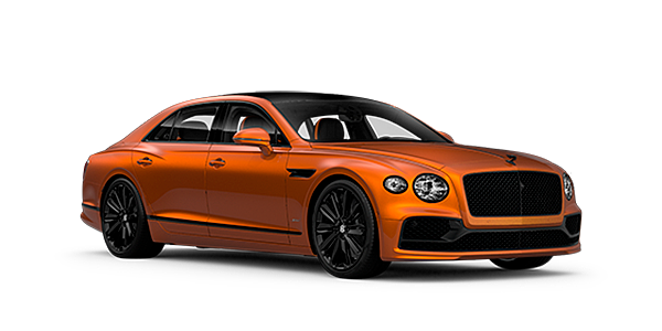 Bentley Maastricht Bentley Flying Spur Speed front side angled view in Orange Flame coloured exterior. 