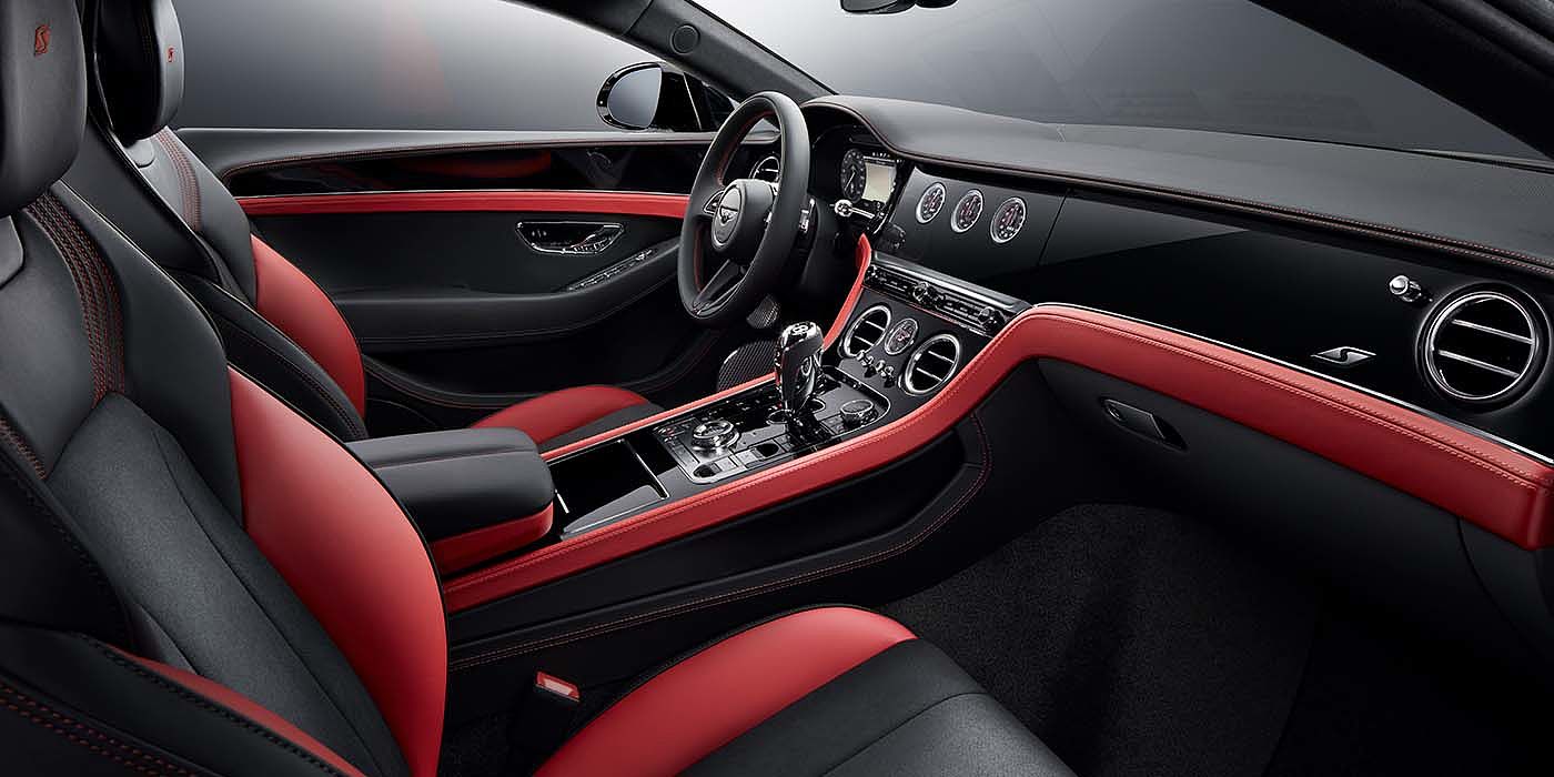Bentley Maastricht Bentley Continental GT S coupe front interior in Beluga black and Hotspur red hide with high gloss Carbon Fibre veneer