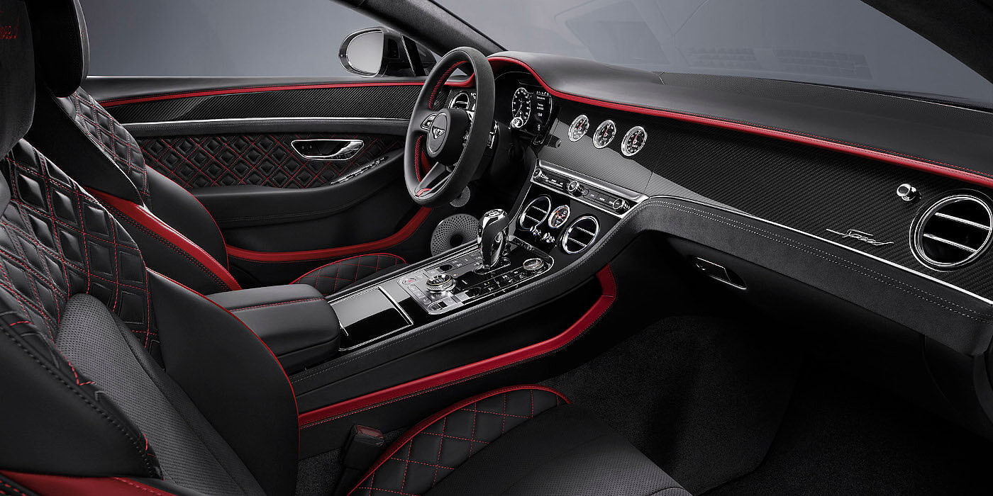 Bentley Maastricht Bentley Continental GT Speed coupe front interior in Beluga black and Hotspur red hide