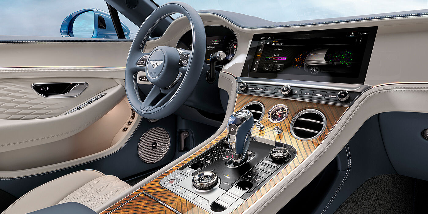 Bentley Maastricht New Bentley Continental GTC Azure convertible interior front cabin view with Linen and Brunel hides and Piano Linen by Mulliner veneer featuring centre console and centre MMI screen