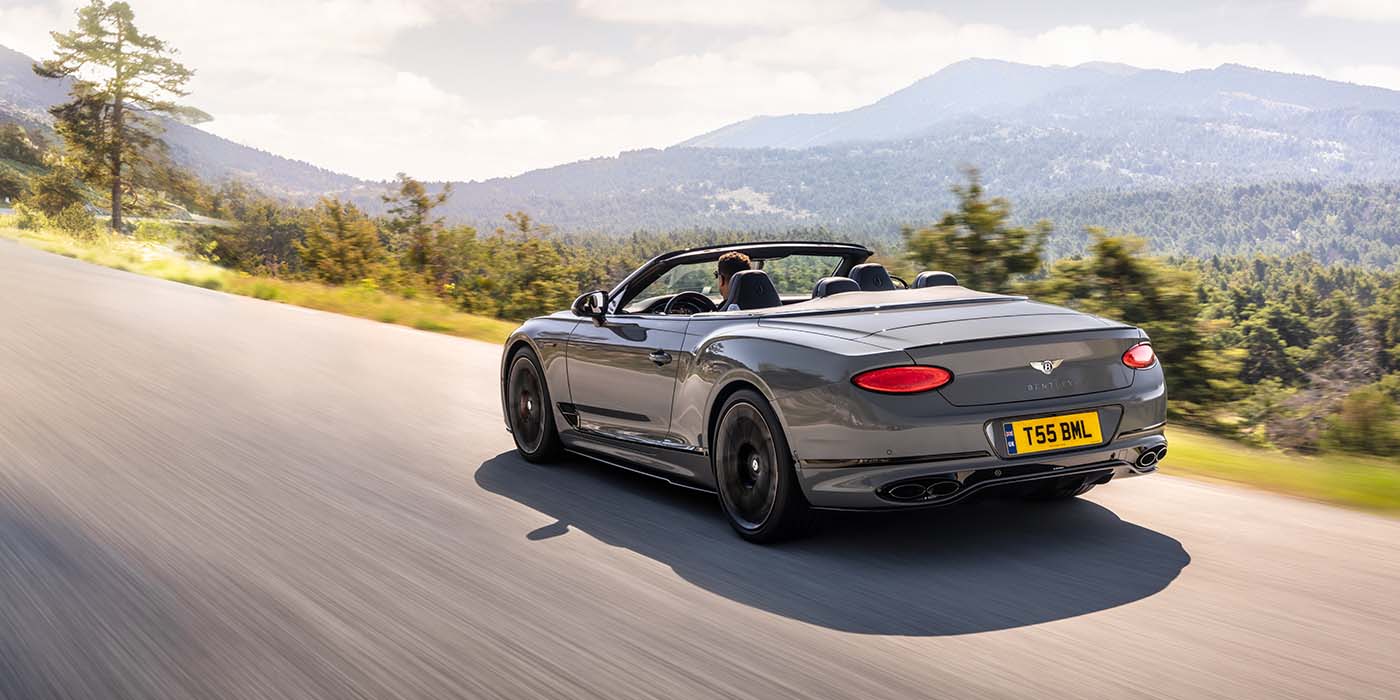 Bentley Maastricht Bentley Continental GTC S convertible in Cambrian Grey paint rear 34 dynamic driving