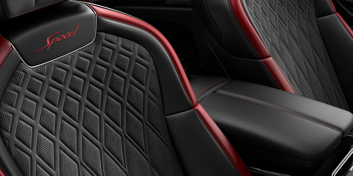 Bentley Maastricht Bentley Flying Spur Speed sedan seat stitching detail in Beluga black and Cricket Ball red hide
