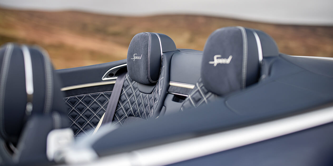 Bentley Maastricht Bentley Continental GTC Speed convertible rear interior in Imperial Blue and Linen hide