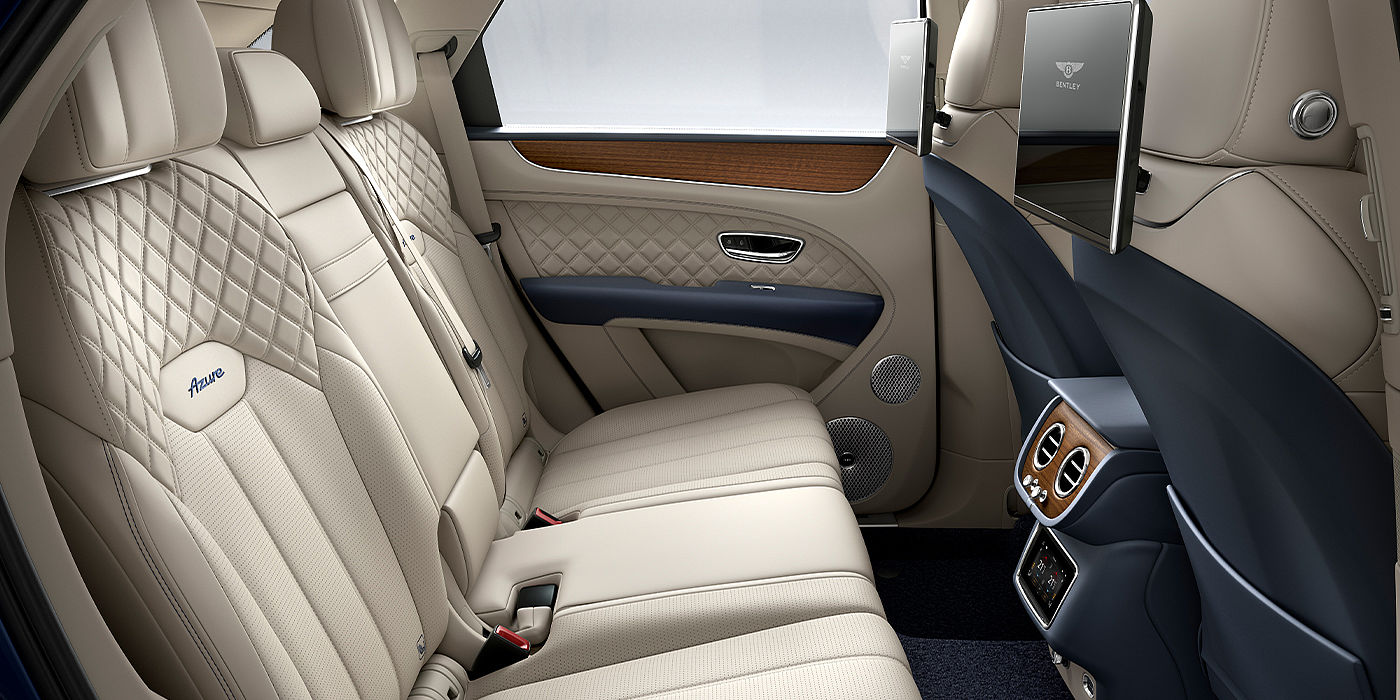 Bentley Maastricht Bentley Bentayga Azure SUV rear interior in Imperial Blue and Linen hide
