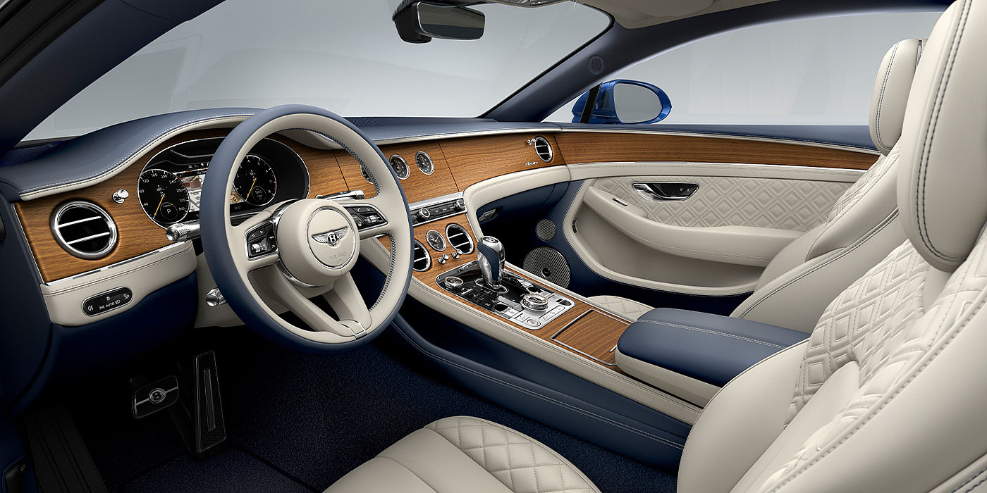 Bentley Maastricht Bentley Continental GT Azure coupe front interior in Imperial Blue and linen hide