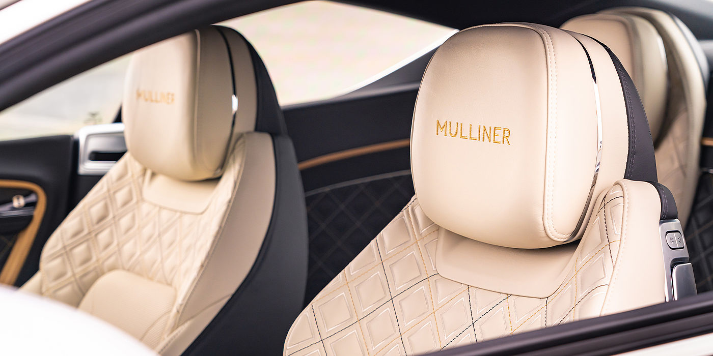 Bentley Maastricht Bentley Continental GT Mulliner coupe seat detail in Beluga black and Linen hide