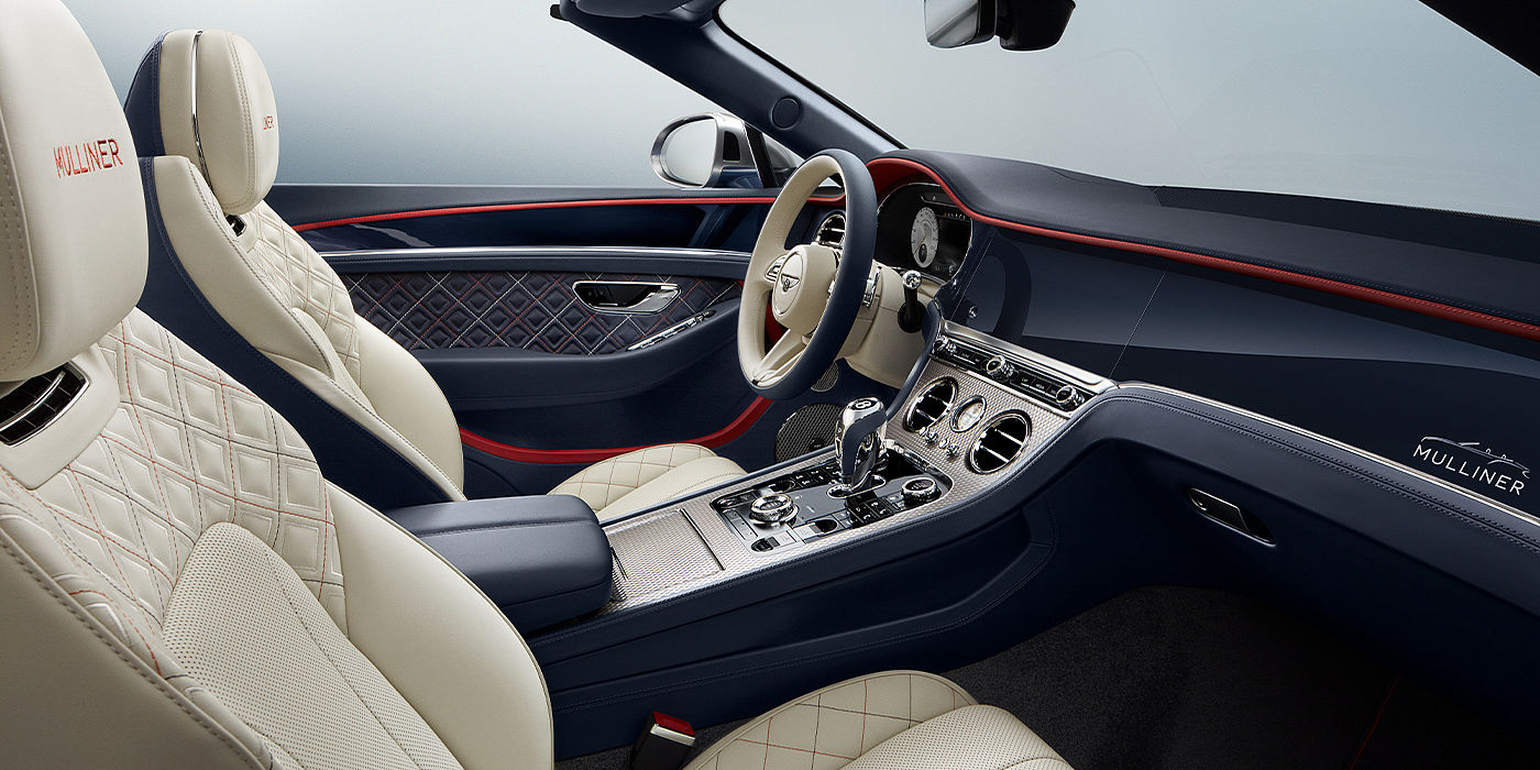 Bentley Maastricht Bentley Continental GTC Mulliner convertible front interior in Imperial Blue and Linen hide