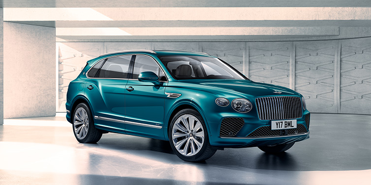 Bentley Maastricht Bentley Bentayga Extended Wheelbase Azure SUV front three quarter in Topaz blue paint colour with a grey background