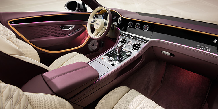 Bentley Maastricht Bentley Continental GTC Mulliner convertible front interior including Linen and Damson purple hides and Grand Black veneer