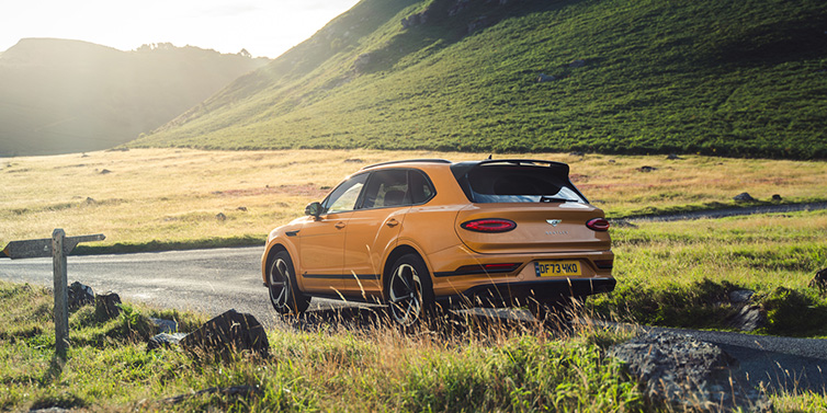 Bentley Maastricht Bentley Bentayga S SUV rear three quarter in Sunburst Gold paint on a road surrounded by green hills