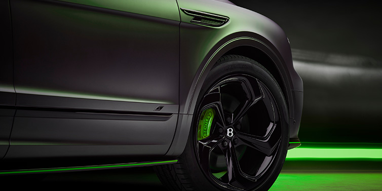 Bentley Maastricht Bentley Bentayga S Black Edition SUV exterior wheel detail with Cyber Green brakes with Anthracite Satin paint