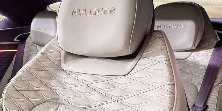 Bentley Maastricht Bentley Continental GT Mulliner coupe seat detail in Linen leather with Mulliner Diamond in Diamond quilting and Mulliner embroidered seat emblem